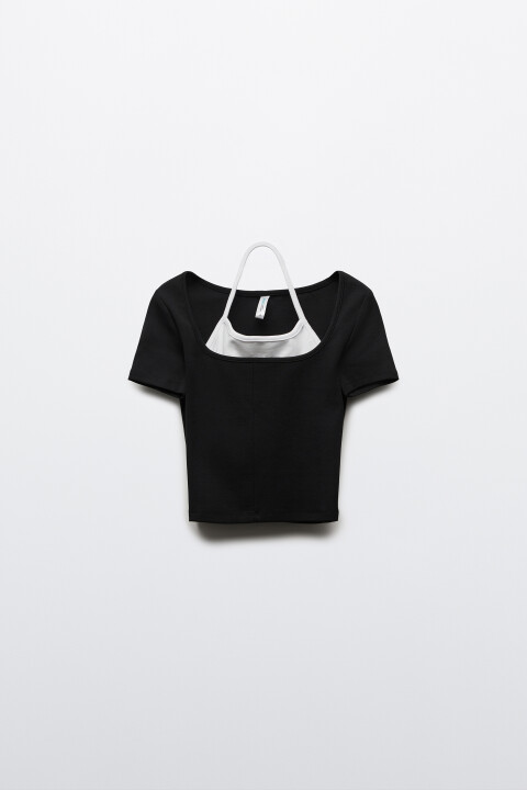 

Футболка облегающая укороченная с имитацией топа, Черный, Футболка облегающая укороченная с имитацией топа