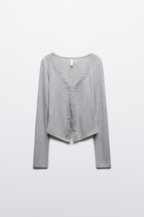 

Лонгслив облегающий в рубчик с кружевной отделкой, Серый, Лонгслив облегающий в рубчик с кружевной отделкой