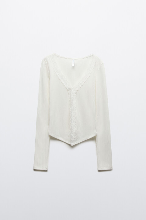 

Лонгслив облегающий в рубчик с кружевной отделкой, Бежевый, Лонгслив облегающий в рубчик с кружевной отделкой