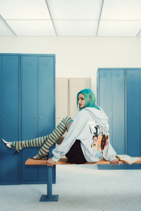 

Худи на молнии оверсайз из футера с принтом, Серый, Худи на молнии оверсайз из футера с принтом