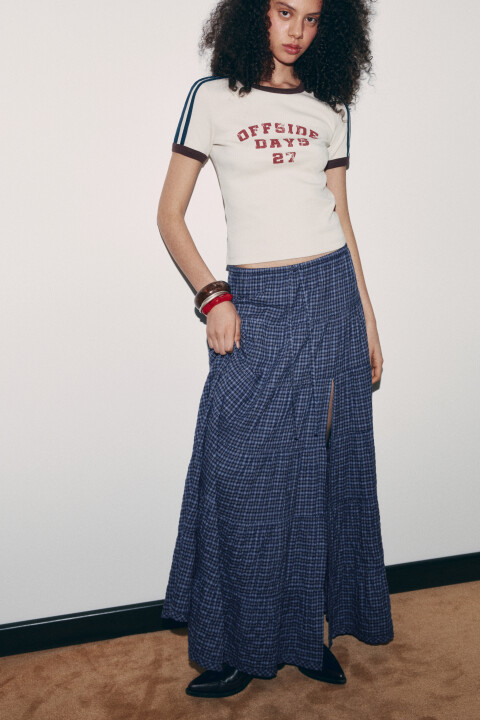 

Юбка макси в клетку на завязках с воланами и разрезом, Синий, Юбка макси в клетку на завязках с воланами и разрезом