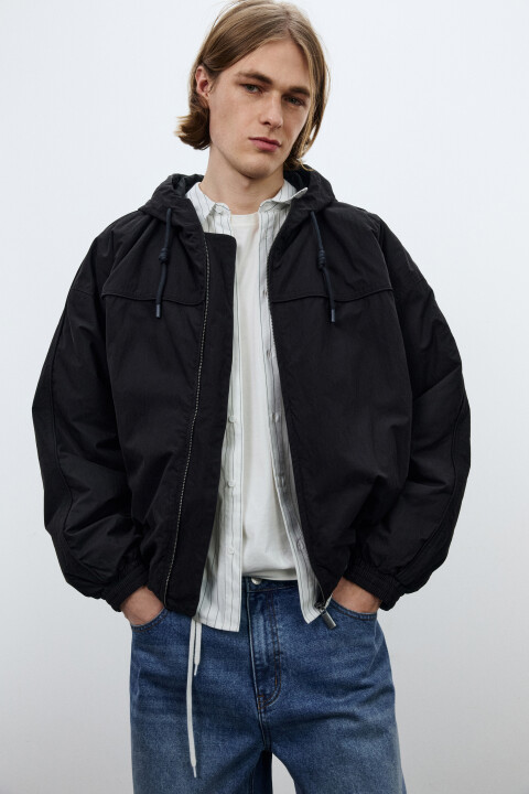 

Куртка-бомбер с капюшоном, Черный, Куртка-бомбер с капюшоном