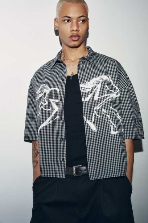 

Рубашка в клетку с коротким рукавом и принтом, Серый, Рубашка в клетку с коротким рукавом и принтом