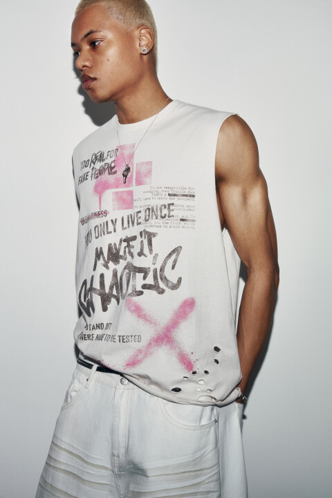 

Майка хлопковая рваная с принтом, Бежевый, Майка хлопковая рваная с принтом