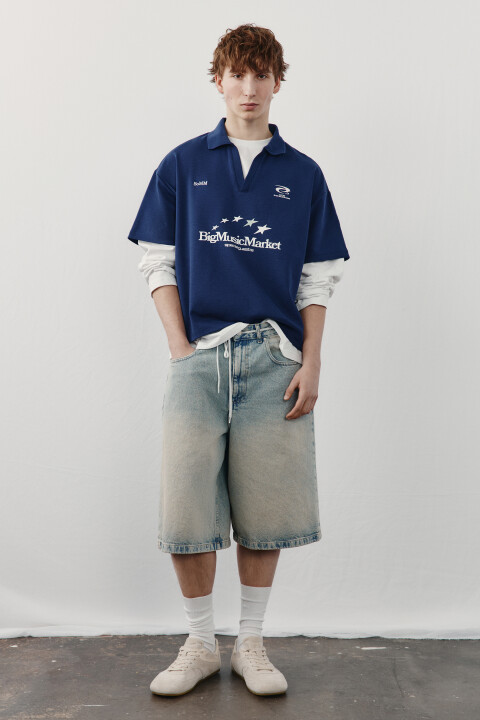 

Футболка-поло с принтом и вышивкой, Синий, Футболка-поло с принтом и вышивкой