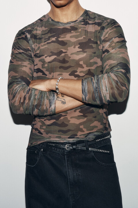 

Лонгслив облегающий сетчатый с принтом хаки, Мультиколор, Лонгслив облегающий сетчатый с принтом хаки