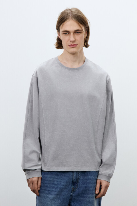 

Лонгслив хлопковый с декоративными швами, Серый, Лонгслив хлопковый с декоративными швами