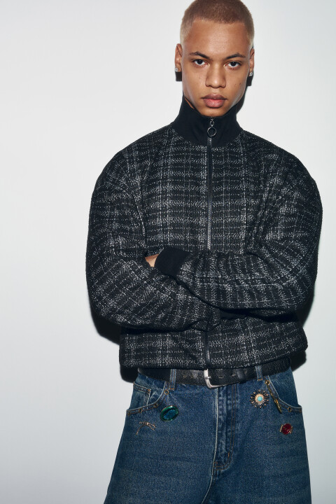 

Джемпер на молнии фланелевый с воротником-стойкой, Черный, Джемпер на молнии фланелевый с воротником-стойкой