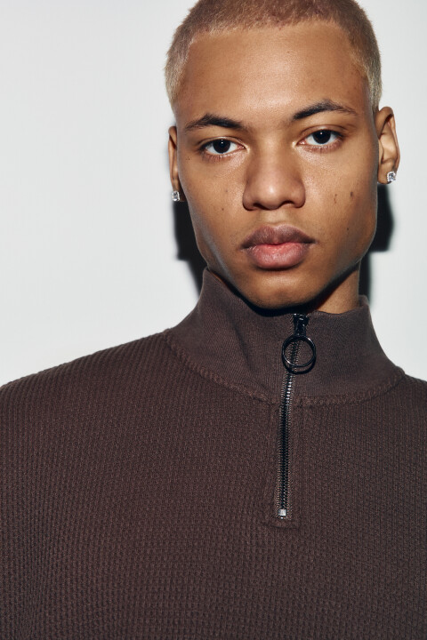 

Джемпер хлопковый с воротником-стойкой на молнии, Коричневый, Джемпер хлопковый с воротником-стойкой на молнии
