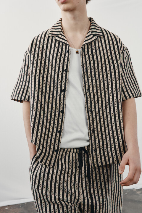 

Рубашка с коротким рукавом ажурная в полоску, Черный, Рубашка с коротким рукавом ажурная в полоску