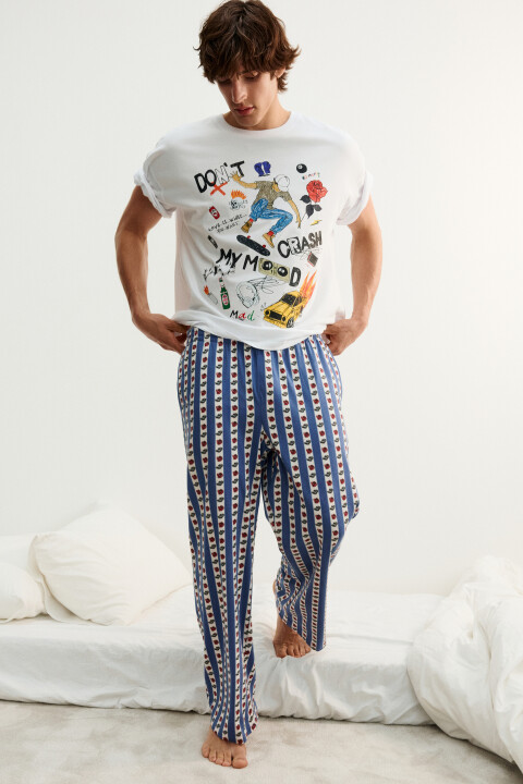 

Брюки домашние хлопковые в полоску с принтом, Синий, Брюки домашние хлопковые в полоску с принтом