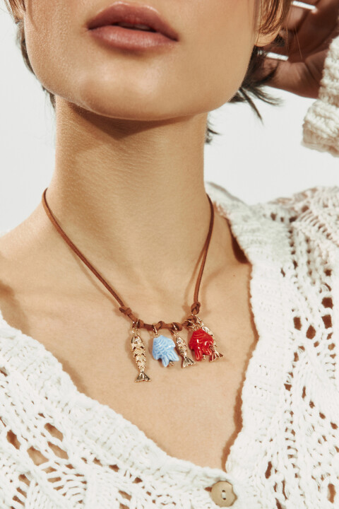 

Колье-шнурок с подвесками-рыбами, Желтый, Колье-шнурок с подвесками-рыбами