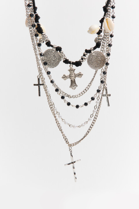 

Колье многослойное с цепями и подвесками, Серый, Колье многослойное с цепями и подвесками