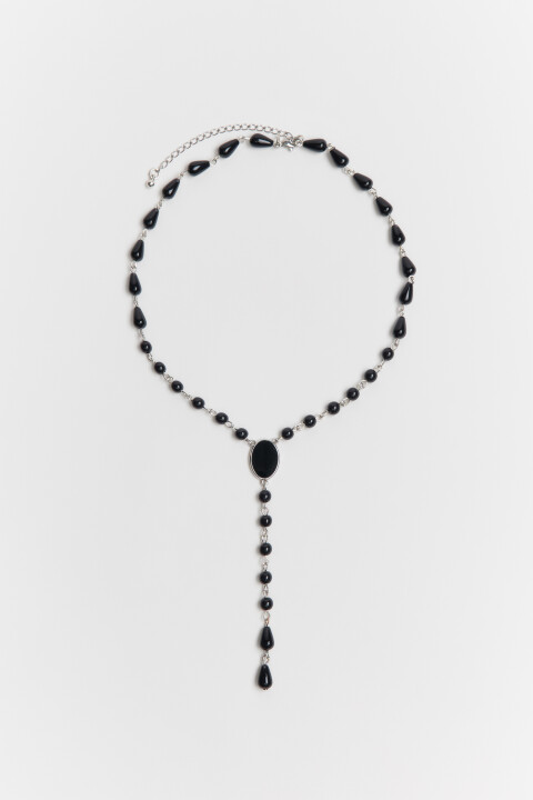 

Колье-цепочка с черными бусинами, Серый, Колье-цепочка с черными бусинами