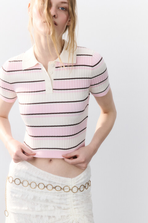 

Джемпер-поло вязаный в полоску, Розовый, Джемпер-поло вязаный в полоску