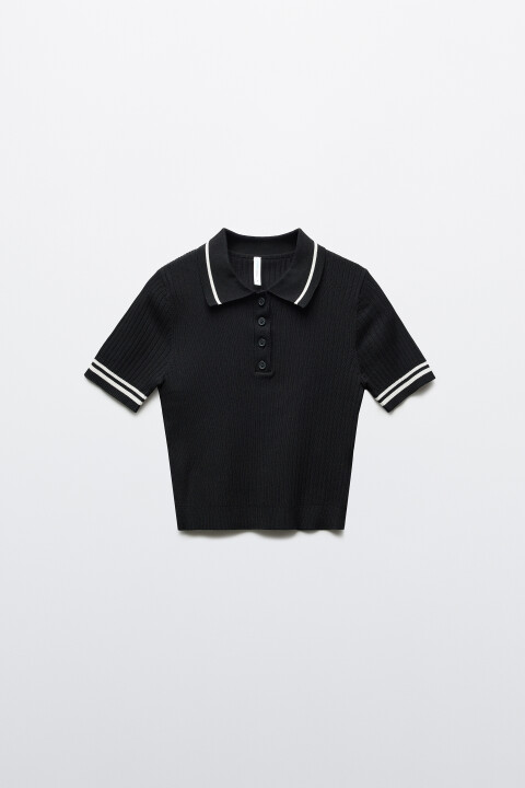 

Джемпер-поло вязаный в полоску, Черный, Джемпер-поло вязаный в полоску