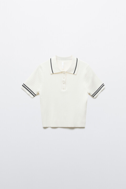 

Джемпер-поло вязаный в полоску, Молочный, Джемпер-поло вязаный в полоску