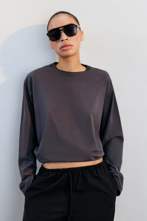 

Лонгслив базовый из хлопкового трикотажа, Серый, Лонгслив базовый из хлопкового трикотажа