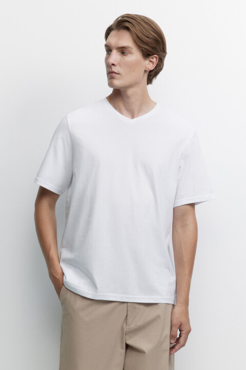 

Футболка прямая хлопковая с V-образным вырезом, Белый, Футболка прямая хлопковая с V-образным вырезом