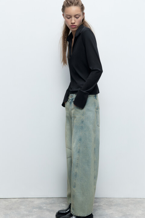 

Лонгслив облегающий с воротником-поло и разрезами, Черный, Лонгслив облегающий с воротником-поло и разрезами