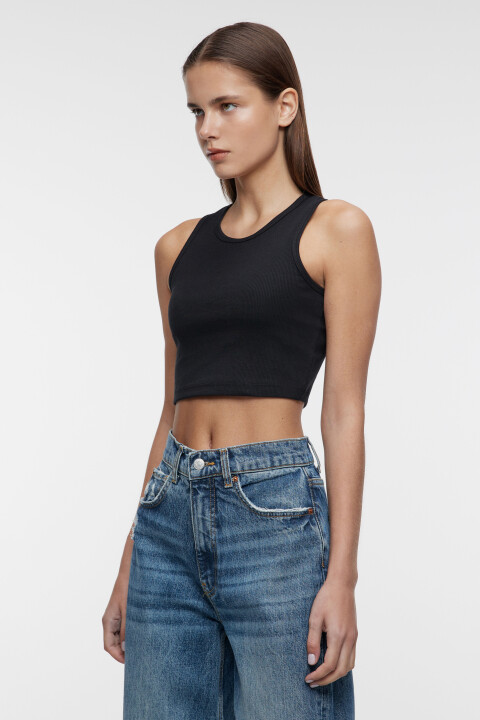 

Топ-майка облегающий в рубчик на широких бретелях, Черный, Топ-майка облегающий в рубчик на широких бретелях