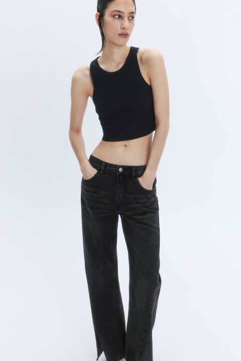 

Топ-майка в рубчик на широких бретелях, Черный, Топ-майка в рубчик на широких бретелях