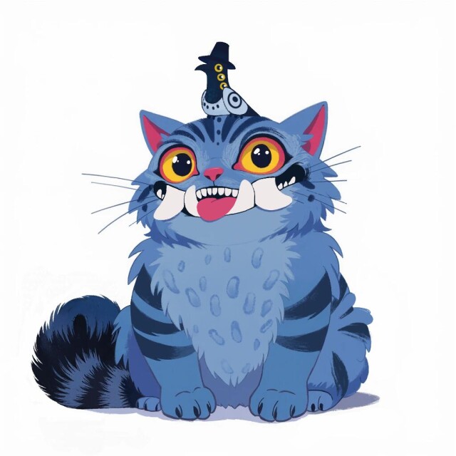 Funny blue cat demon and bird in hat - CO:CREATE 1