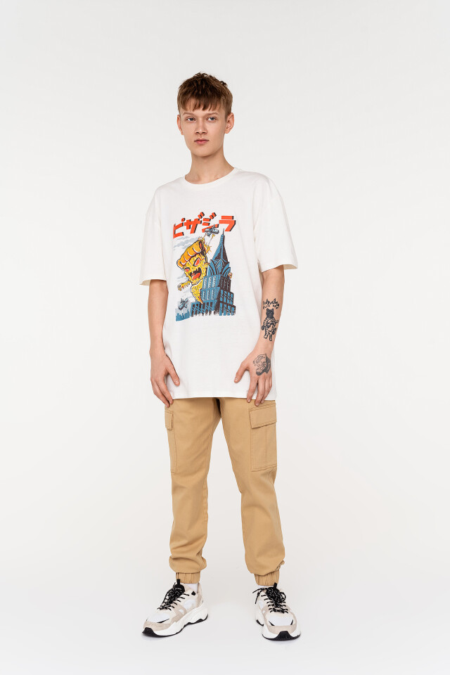 Футболка хлопковая oversize с принтом в японском стиле - цвет белый - 1