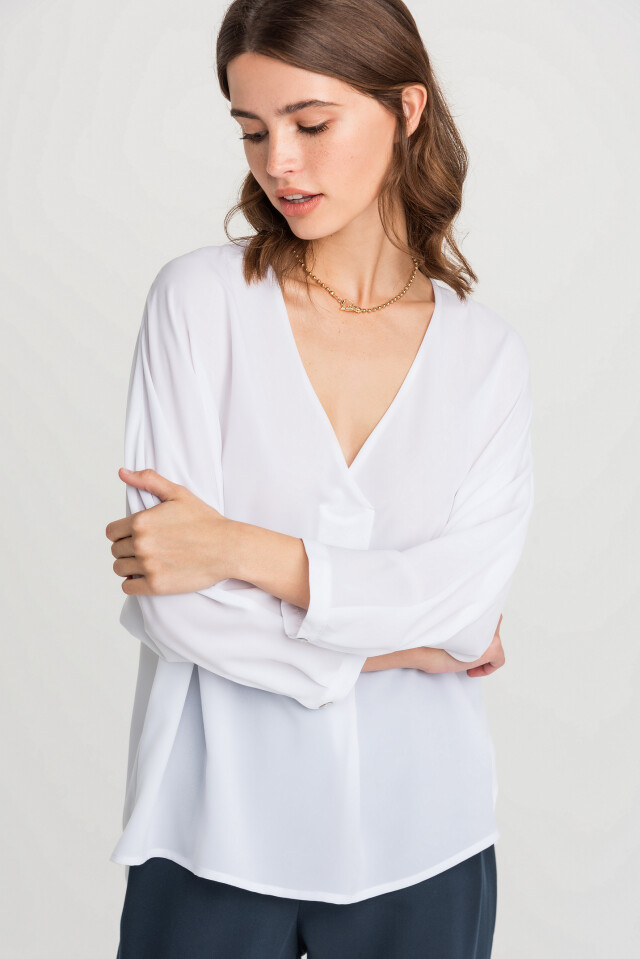 блузка oversize с рукавом 3/4 и треугольным вырезом - цвет белый - 1