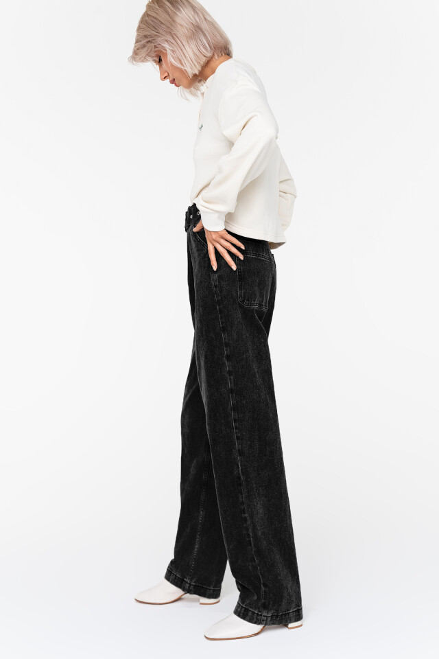 джинсы прямые широкие wide leg с ремнем - цвет черный - 2