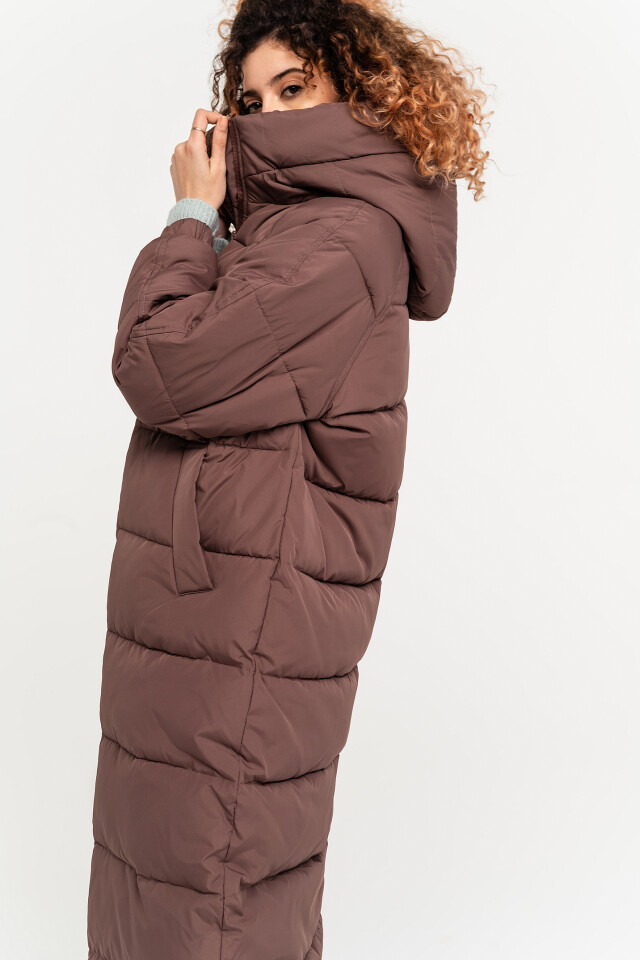 пальто длинное стеганое oversize с капюшоном - цвет бежевый - 2