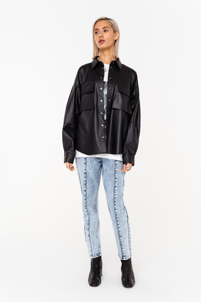 рубашка oversize из искусственной кожи на кнопках - цвет серый - 1