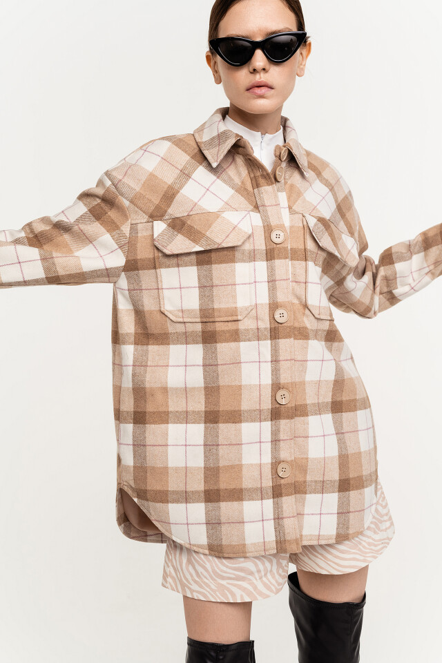 Куртка-рубашка фланелевая oversize в клетку - цвет бежевый - 1