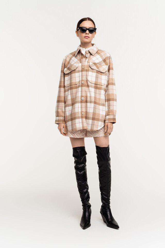 Куртка-рубашка фланелевая oversize в клетку - цвет бежевый - 2
