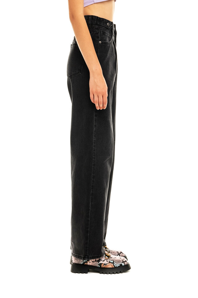 Джинсы wide leg с хлястиками на поясе - цвет черный - 5