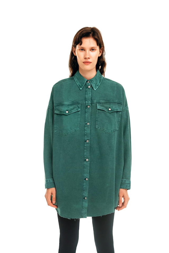 Рубашка джинсовая oversize - цвет зеленый - 1