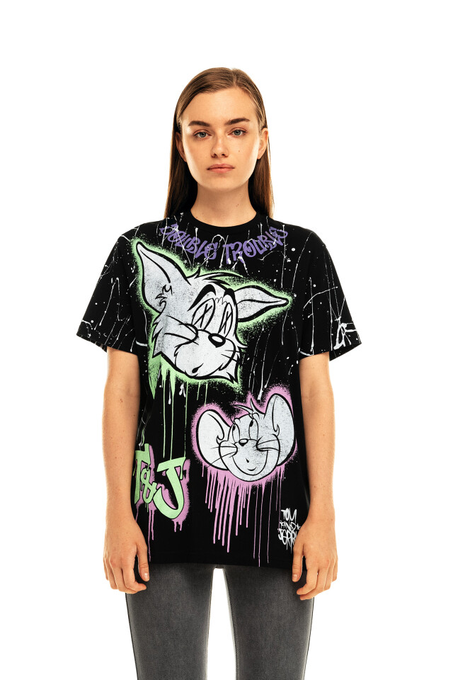 Футболка хлопковая oversize с принтом том и джерри - цвет черный - 1