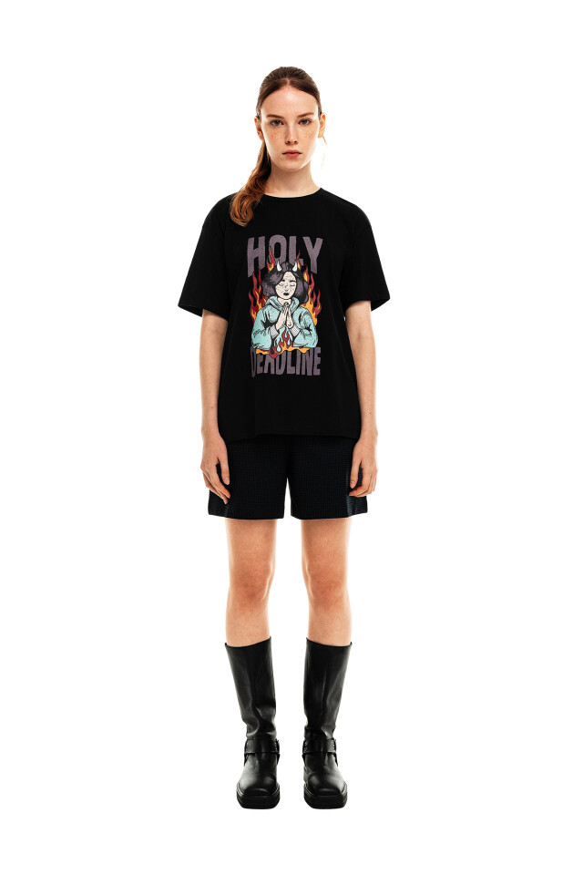 Футболка хлопковая oversize с хоррор-принтом - цвет черный - 6