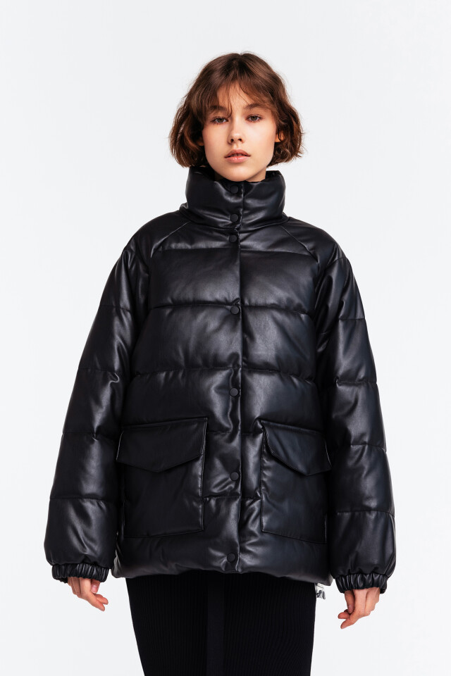 Куртка утепленная oversize из искусственной кожи - цвет черный - 1