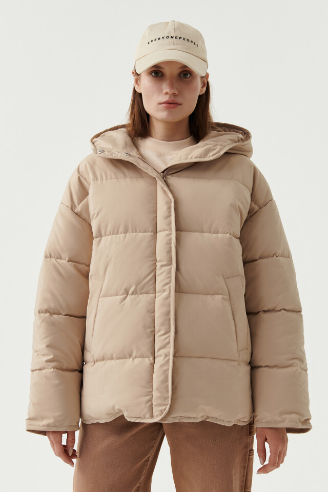 Куртка стеганая oversize с капюшоном - цвет бежевый - 1