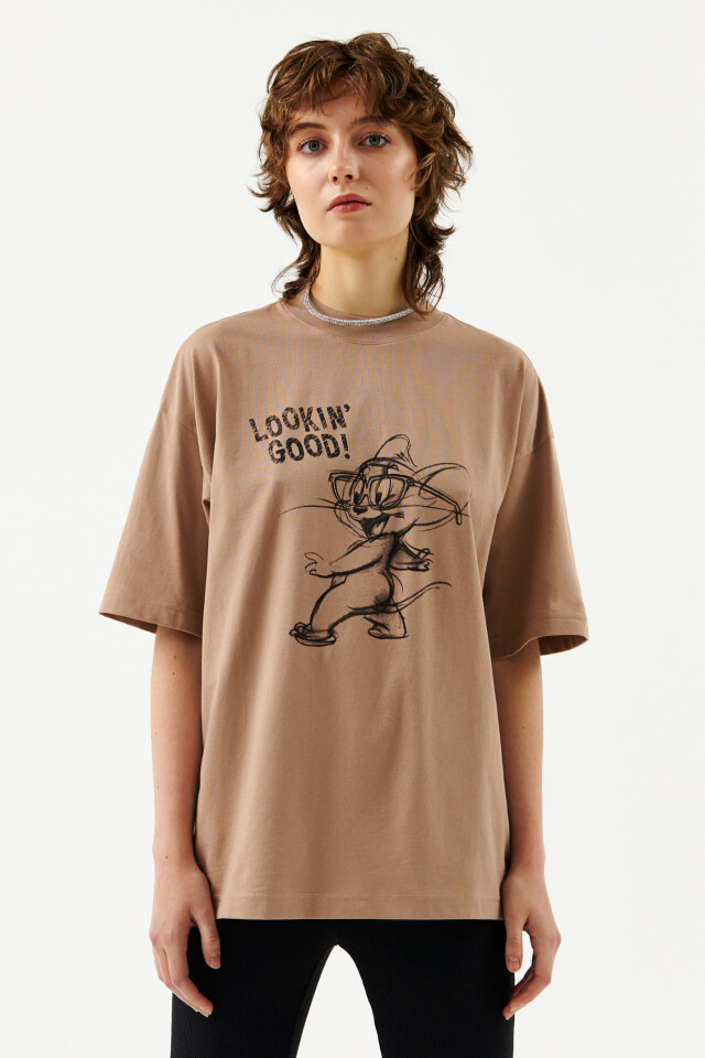 Футболка oversize с принтом том и джерри - цвет бежевый - 1