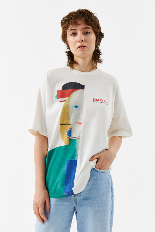 Футболка oversize с принтом - цвет бежевый - 4