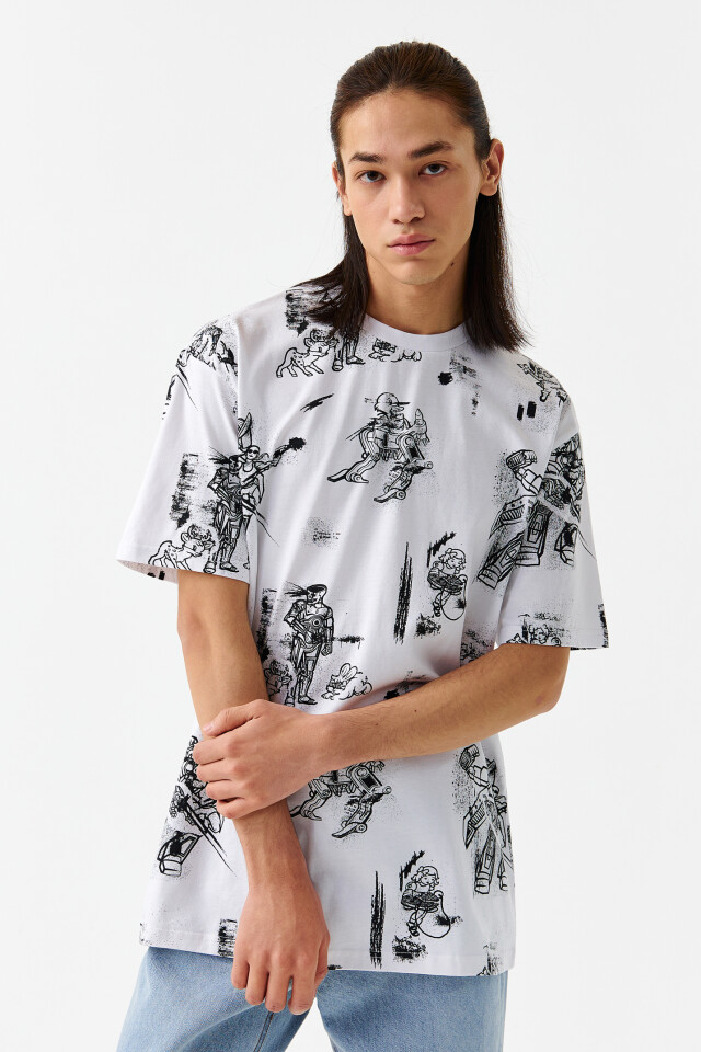 Футболка хлопковая oversize с принтом - цвет белый - 1