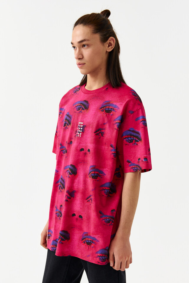 Футболка хлопковая oversize с принтом - цвет розовый - 3