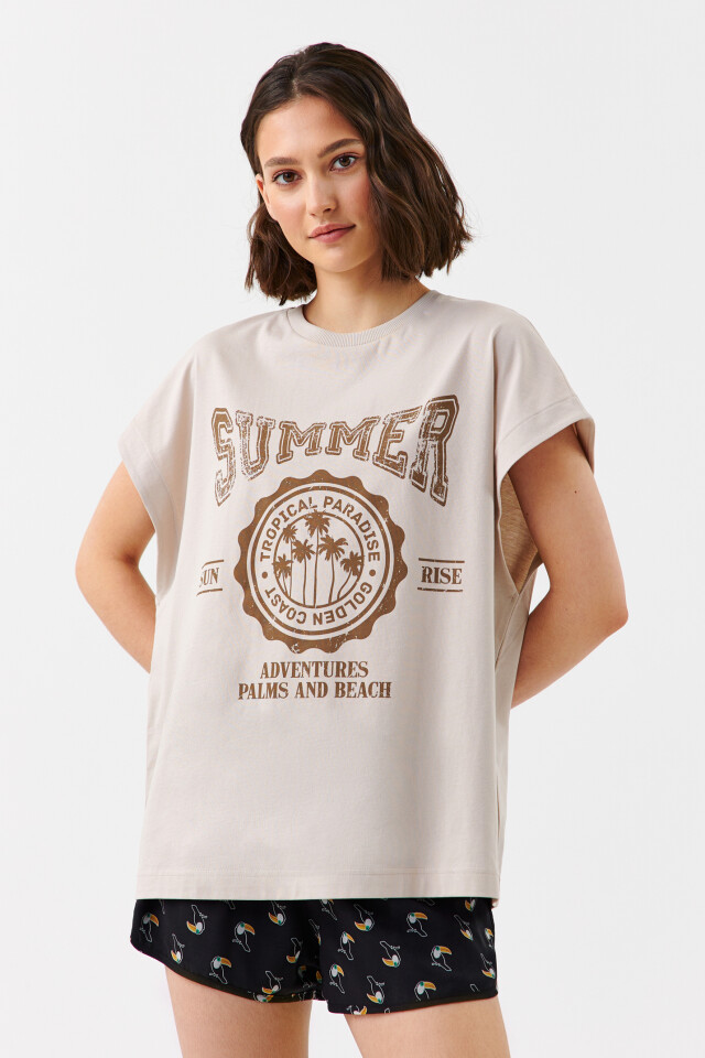 Футболка oversize с принтом summer - цвет бежевый - 1