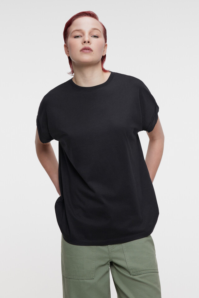 Футболка oversize хлопковая с подвернутыми рукавами - цвет черный - 1