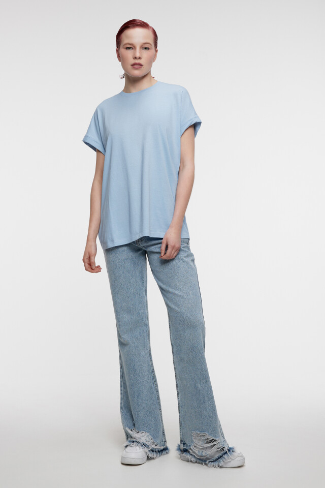 Футболка oversize хлопковая с подвернутыми рукавами - цвет голубой - 4