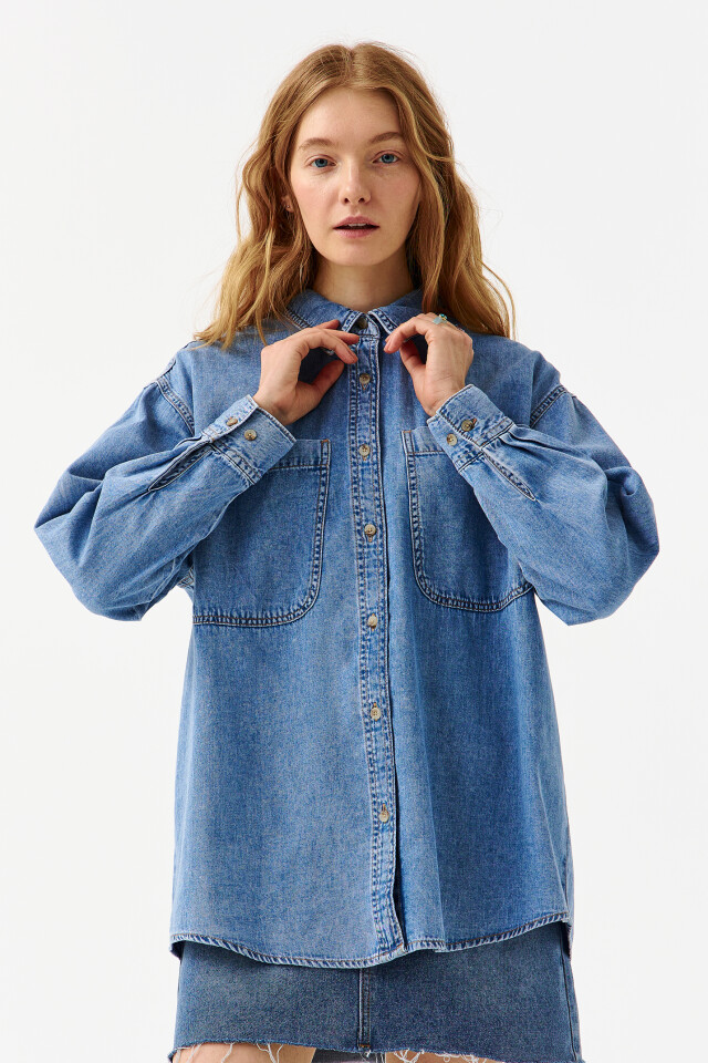Рубашка джинсовая oversize - цвет голубой - 1
