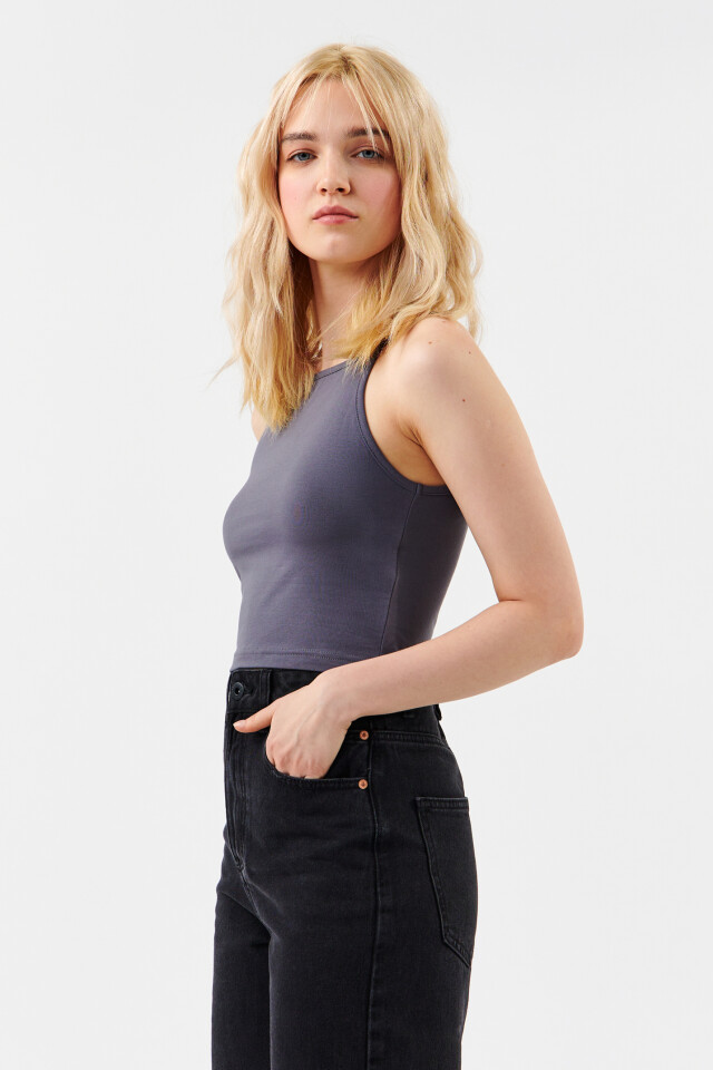 Майка CROPTOP хлопковая на тонких бретелях - цвет серый - 2