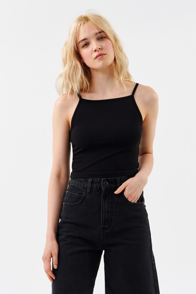 Майка CROPTOP хлопковая на тонких бретелях - цвет черный - 1